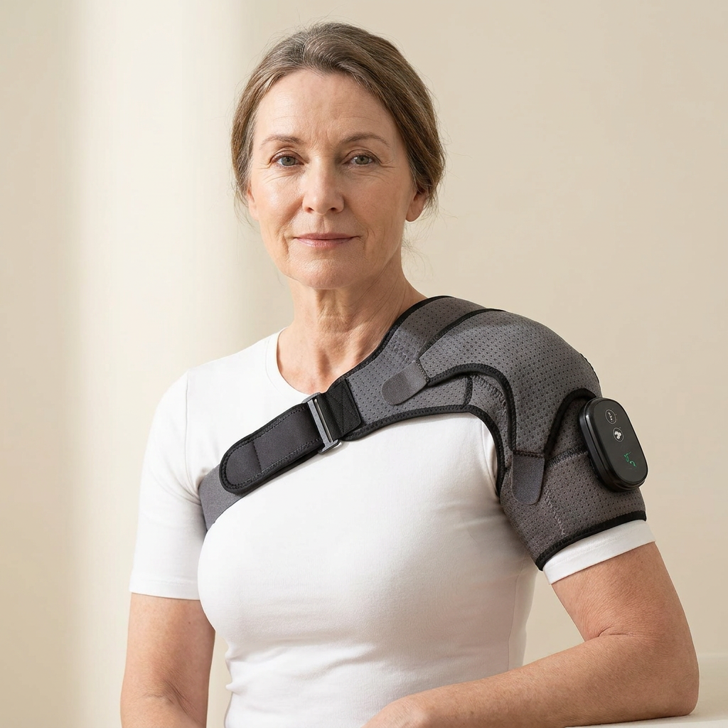 Woman wearing a shoulder brace against a plain background